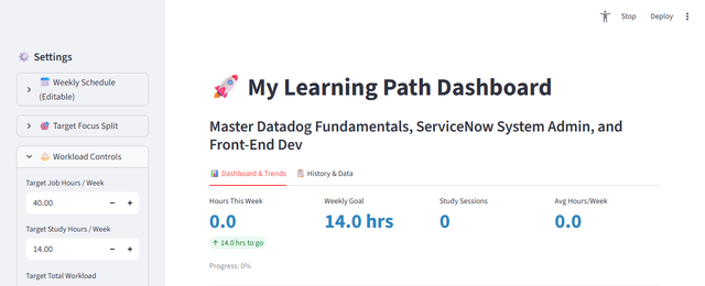 Learning Path Tracker Streamlit dashboard showing weekly study goals
